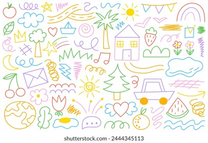 Simple kids decorative elements. Colorful collection of scribble, flower, sun, cloud. Vector illustration