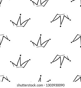 Simple king crown. Hand drawn black line seamless pattern on white background. Scribble ornament backdrop. Doodle brush, pen, marker illustration.