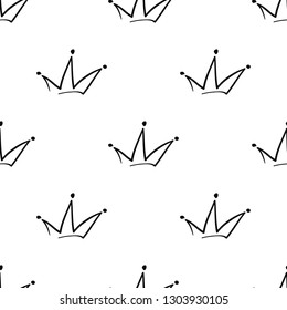 Simple king crown. Hand drawn black line seamless pattern on white background. Scribble ornament backdrop. Doodle brush, pen, marker illustration.