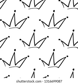Simple king crown. Hand drawn black line seamless pattern on white background. Scribble ornament backdrop. Doodle brush, pen, marker illustration.