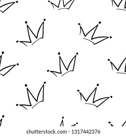Simple king crown. Hand drawn black line seamless pattern on white background. Scribble ornament backdrop. Doodle brush, pen, marker illustration.