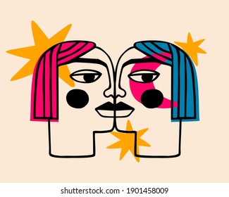 Simple kiss image. Surreal Faces. Hand drawn portraits in modern abstract graphic style.