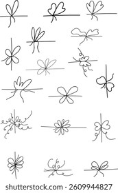 Simple kit with doodle. Bows of lines on ribbon. Bow on a set of strings, lines and corners of decoration. Booknote for a letter of a package