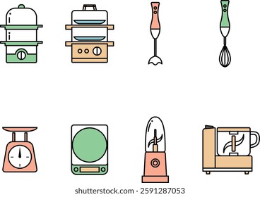 Simple Kitchen Appliances Line Art Illustration Set (color)
