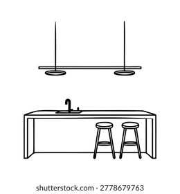 Simple kitchen island with sink and two stools under pendant light modern home interior