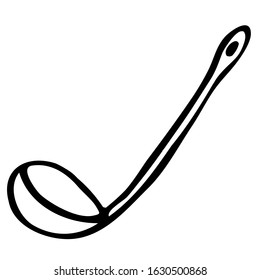 Simple kitchen ladle in hand drawing style. Draft spoon for soup or jelly. The device for cooking and table setting. soup ladle for icon, logo or decoration. Vector stock image on a white background.