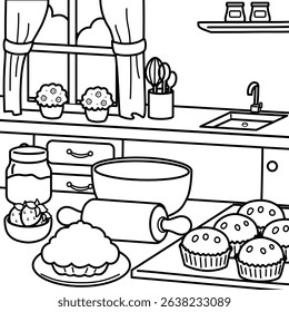 Simple Kitchen Scene With Cupcake for Coloring Book