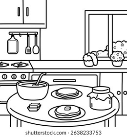 Simple Kitchen Scene With Pancake for Coloring Book