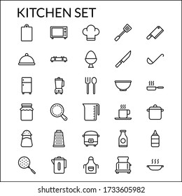 Simple Kitchen Set Line Style Contain Such Icon as Knife, Stove, Pan, Spatula, Bottle, Jam, Ladle, Frying, Ketchup, Sauce, Seasoning, Grater, Apron, Cooking, Toaster and more. 64 x 64 Pixel Perfect