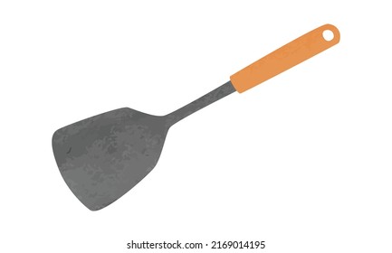 Simple kitchen spatula with wooden handle watercolor vector illustration isolated on white background. Solid spatula clipart. Kitchen turner cartoon style. Spatula hand drawn