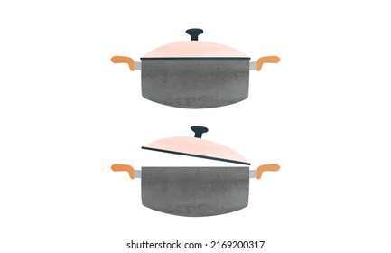 Simple kitchen stew pot watercolor style vector illustration isolated on white background. Stew pot with lid clipart. Kitchen utensils cartoon hand drawn clipart. Vector design