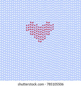 Simple knitted heart on blue and white doodle knitted geometric seamless pattern, vector for valentine's day cards and templates