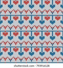 simple knitted seamless pattern with color hearts and horizontal stripes