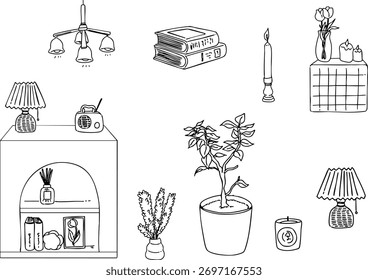 Simple Korean interior illustrations, icons, labels, and handwriting