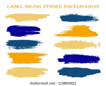 Simple label brush stroke backgrounds, paint or ink smudges vector for tags and stamps design. Painted label backgrounds patch. Vector ink color palette samples. Ink dabs, indigo orange splashes.