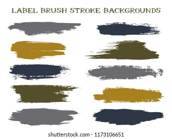 Simple label brush stroke backgrounds, paint or ink smudges vector for tags and stamps design. Painted label backgrounds patch. Interior colors guide book elements. Ink dabs, gold grey splashes.