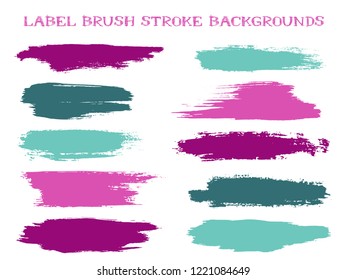 Simple label brush stroke backgrounds, paint or ink smudges vector for tags and stamps design. Painted label backgrounds patch. Interior colors guide book elements. Ink smudges, magenta teal spots.