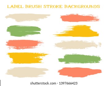 Simple label brush stroke backgrounds, paint or ink smudges vector for tags and stamps design. Painted label backgrounds patch. Interior paint color palette elements. Ink dabs, green red splashes.