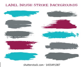 Simple label brush stroke backgrounds, paint or ink smudges vector for tags and stamps design. Painted label backgrounds patch. Interior colors guide book samples. Ink dabs, cyan grey splashes.