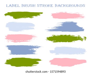 Simple label brush stroke backgrounds, paint or ink smudges vector for tags and stamps design. Painted label backgrounds patch. Interior colors guide book samples. Ink dabs,green blue pink splashes.