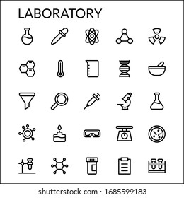 El estilo simple de línea de laboratorio contiene iconos como Pipeta, Laboratorio, Microscopio, Tubo, Ciencia, Celda, Virus, Jeringa, Radiación, Química y más. 48 x 48 píxeles perfecto