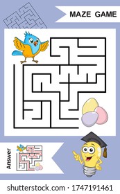 Simple Labyrinth with funny Bird isolated on colorful background. Find right way to the Eggs. Entry and exit. Game with Answer. Education worksheet. Activity page. Logic Games for kids. Cartoon style.