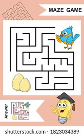 Simple laberinto con pájaro gracioso aislado en un fondo colorido. Encuentra el camino correcto a los huevos. Entrada y salida. Juego con Respuesta. Hoja de trabajo de educación. Actividad. Juegos Lógicos para los niños. Estilo de caricatura.