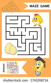 Simple laberinto con divertido pollo aislado en un fondo colorido. Encuentra el camino correcto a los huevos. Entrada y salida. Con Respuesta. Hoja de trabajo de educación. Actividad. Juegos Lógicos para los niños. Estilo de caricatura.