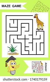 Sencillo laberinto con divertida jirafa aislada en un fondo colorido. Encuentra el camino correcto a la hierba. Entrada y salida. Con Respuesta. Hoja de trabajo de educación. Actividad. Juegos Lógicos para los niños. Estilo de caricatura.