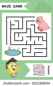 Simple Labyrinth with funny Pig isolated on colorful background. Find right way to the Lake. Entry and exit. With Answer. Education worksheet. Activity page. Logic Games for kids. Cartoon style.