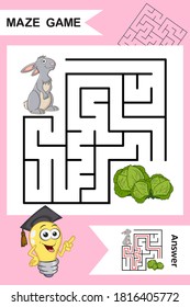 Simple Labyrinth with funny Rabbit isolated on colorful background. Find right way to the Cabagge. Entry and exit. With Answer. Education worksheet. Activity page. Logic Games for kids. Cartoon style.