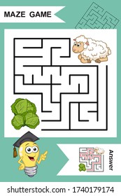 Simple Labyrinth with funny Sheep isolated on colorful background. Find right way to the Cabagge. Entry and exit. With Answer. Education worksheet. Activity page. Logic Games for kids. Cartoon style.