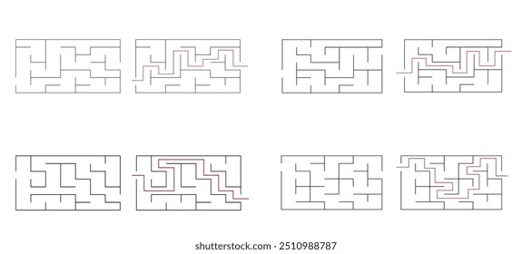 Simple labyrinth maze game vector illustration set. Find right way, simple logic game. Puzzle for kids.