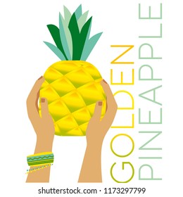 Simple laconic pineapple fruit in woman hands. Fresh colors poster for summer vacation and exotic fruit juices. 