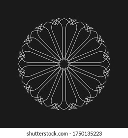 Figura redonda de encaje simple, rueda, mandala. Imagen blanca sobre fondo negro. Icono, símbolo, emblema, signo. Ilustración del vector