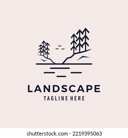 simple lake landscape with pine tree and bird logo design vector illustration