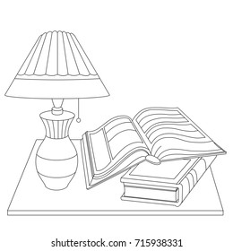 A simple lamp and two books on the table. Striped pattern on objects. One book is opened