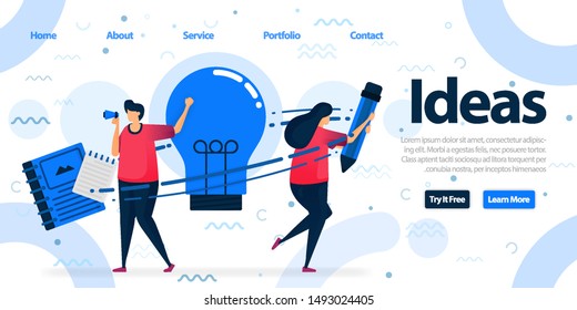 Simple landing page template design for education and business. Brainstorming to find solutions, idea and inspiration by writing and reading. Vector Illustration For Web, Landing Page, Banner, Mobile