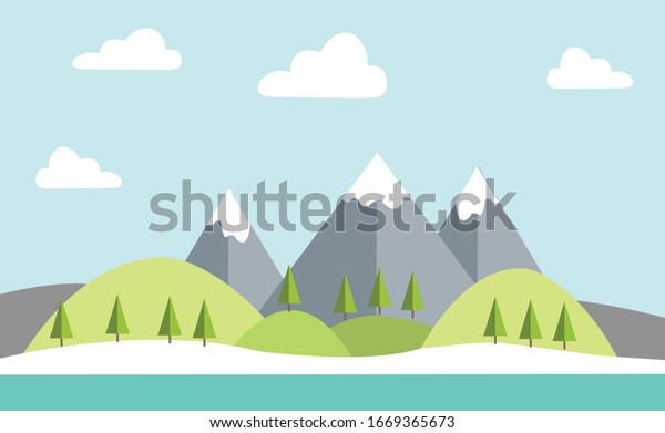 簡単な風景の背景イラスト緑の青の白 のベクター画像素材 ロイヤリティフリー
