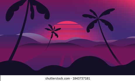 Simple landscape background, road and palm trees with sunset retro style