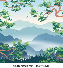 Simple landscape with blue foggy mountains and  Korean Pine branches. Nature background with serenity oriental scene. Vector flat illustration.