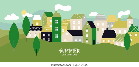 Simple landscape with buildings. Minimal cityscape and residential houses. Summer urban skyline with green trees and hill vector background