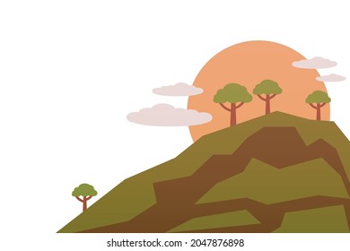 Simple Landscape With Green High Grassy Hill With Trees, Clouds And Red Sun Vector Illustration