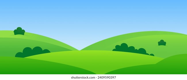 Simple landscape of green meadows and fields. Warm summer landscape in flat style for design.