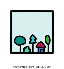 Simple landscape hand drawn vector logo icon in cartoon doodle style house tree forest blue sky