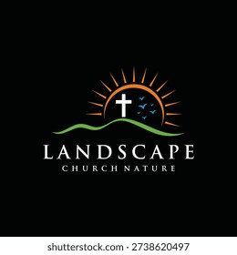 Simple Landscape Hill Mountain Peaks Morning Summer Sun Jesus Cross Christian Church Chapel logo design inspiration