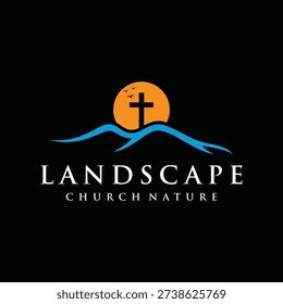 Simple Landscape Hill Mountain Peaks Morning Summer Sun Jesus Cross Christian Church Chapel logo design inspiration