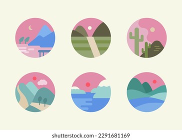 simple landscape icon. Nature, the sea, the mountains, the moon and the sun.flat design.