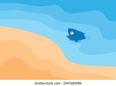 Simple landscape illustration with a fish in the water at the beach