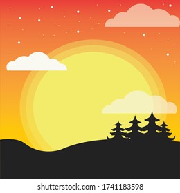 Simple landscape illustration flat vector graphic sunset black trees
